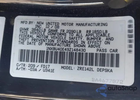 2009 Toyota Corolla S из США, поврежденный, VIN 1NXBU40E49Z148430